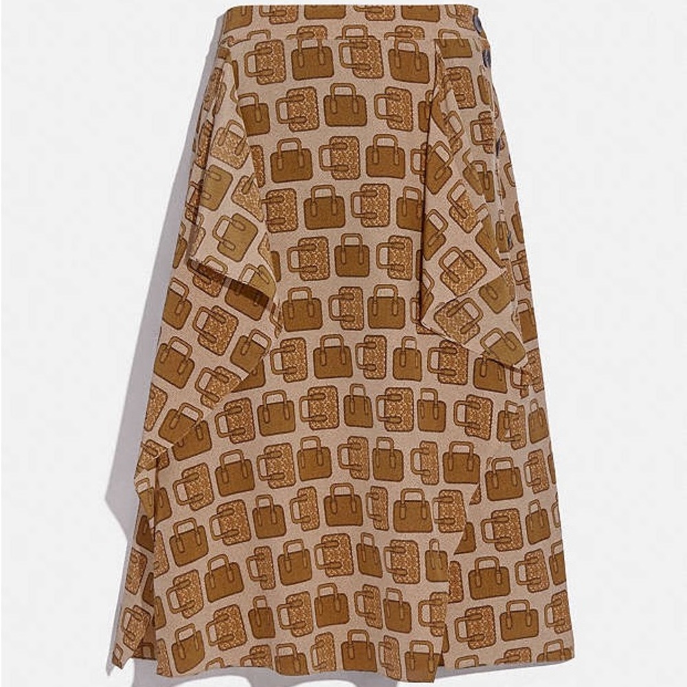 NWOT Coach 100% Silk Bag-Printed Drape Midi Skirt Size 2